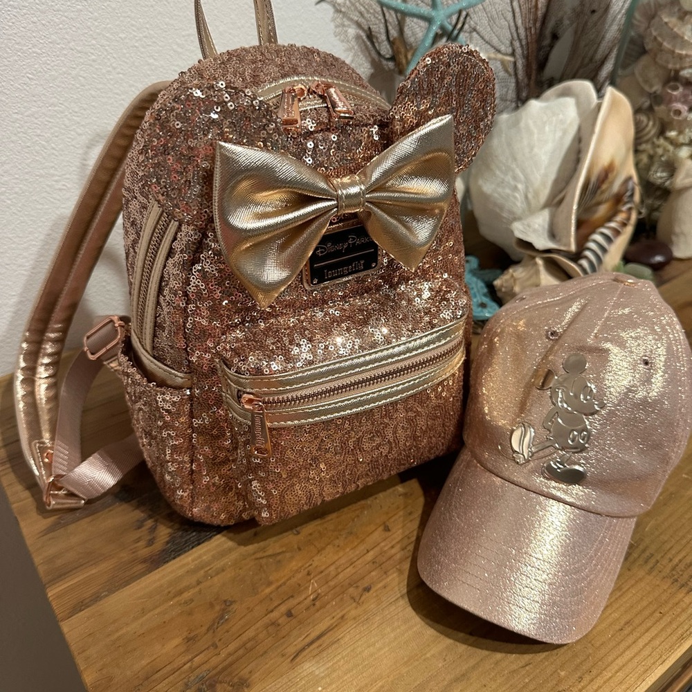 Disney Loungefly Rose Gold Sequin Bow Backpack/Rose Gold Mickey Ball Cap combo